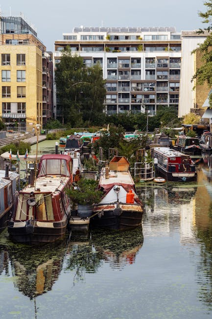 A row of small urban garden spaces along a cobblestone street in Deptford Dockyard, featuring a variety of potted plants including lush green shrubs, flowering plants with pink blossoms, and small top